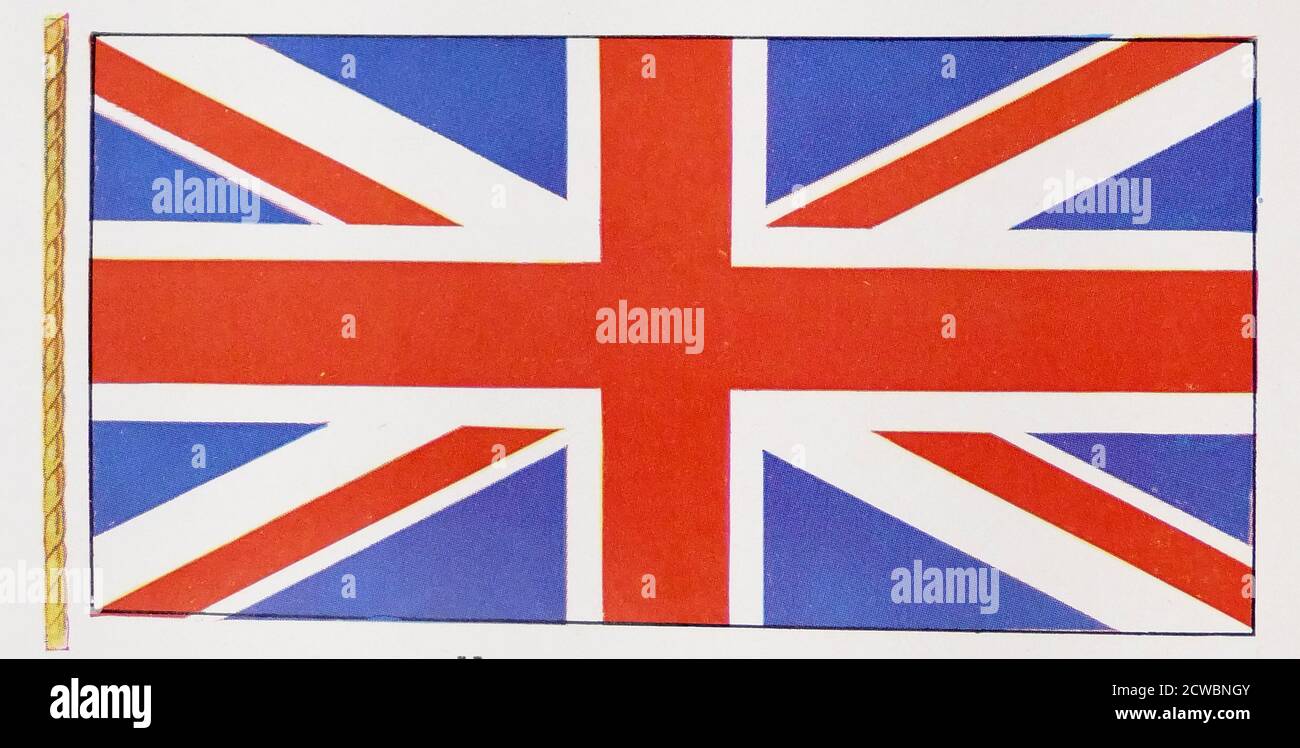 Illustration showing The Union Jack, or Union Flag, is the national flag of the United Kingdom. The origins of the earlier flag of Great Britain date back to 1606. James VI of Scotland had inherited the English and Irish thrones in 1603 as James I, thereby uniting the crowns of England, Scotland, and Ireland. The present design of the Union Flag dates from a Royal proclamation following the union of Great Britain and Ireland in 1801. The flag combines aspects of three older national flags: the red cross of St George for the Kingdom of England, the white saltire of St Andrew for Scotland, and t Stock Photo