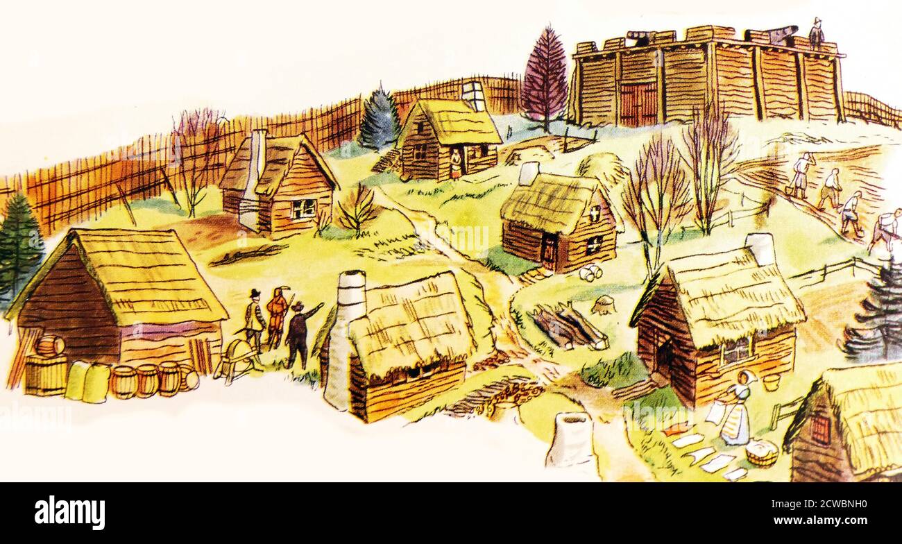 Illustration showing the settlement built by the Pilgrim Fathers the first English Puritans, known today as the Pilgrims, from Plymouth, England to the New World in 1620 Stock Photo