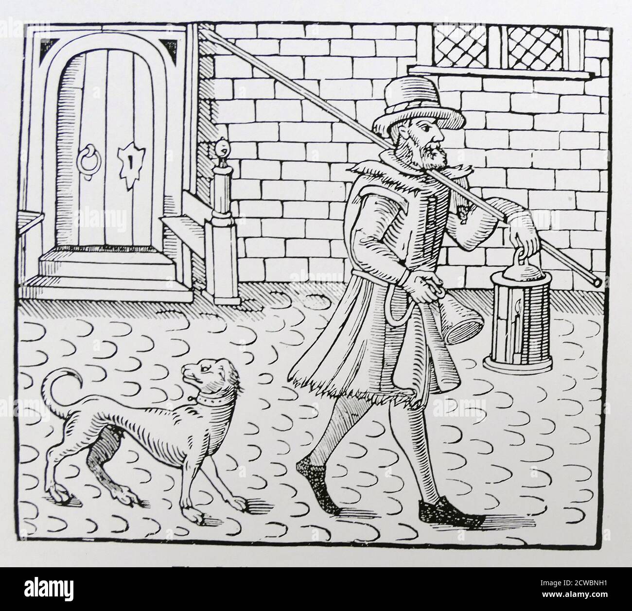 Illustration showing a 17th century, English bellman or town crier; an officer of the court who makes public pronouncements as required by the court, and can also be used to make public announcements in the streets Stock Photo