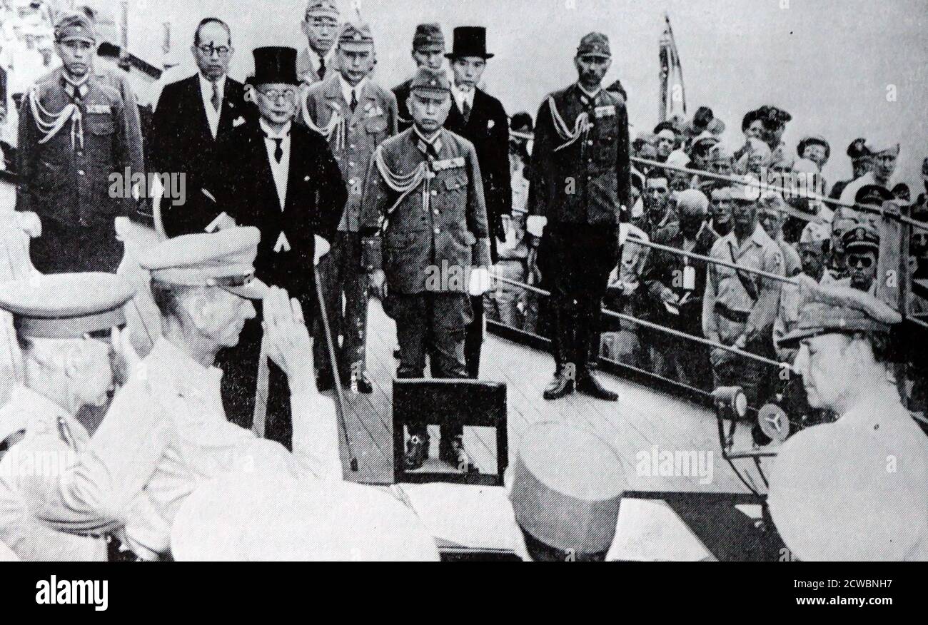 On August 28, the occupation of Japan led by the Supreme Commander for the Allied Powers began. The surrender ceremony was held on September 2, aboard the United States Navy battleship USS Missouri, at which officials from the Japanese government signed the Japanese Instrument of Surrender, Stock Photo