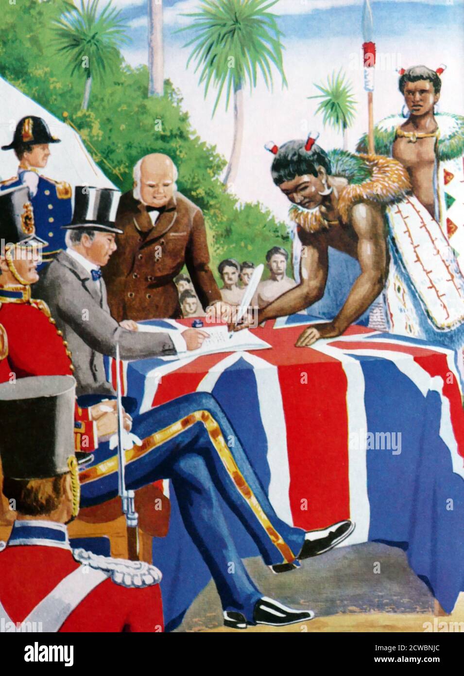 Illustration showing the signing of the Treaty of Waitangi on 6 February 1840 by representatives of the British Crown and Maori chiefs, from the North Island of New Zealand. It has become a document of central importance to the history, to the political constitution of the state, and to the national myths of New Zealand, and has played a major role in framing the political relations between New Zealand's government and the Maori population, especially from the late-20th century. Stock Photo