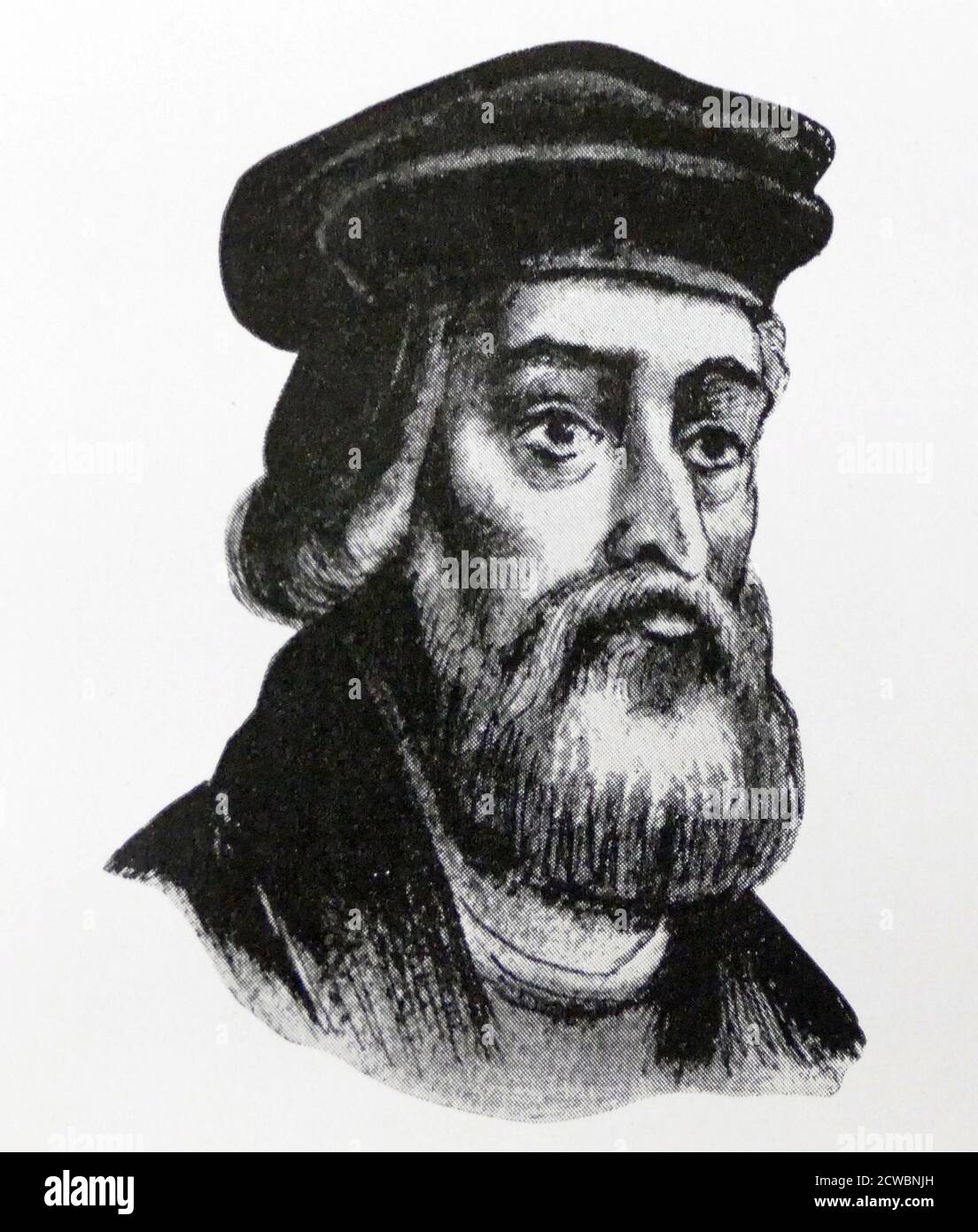 Illustration showing John Wycliffe (c. 1320s - 1384); English scholastic philosopher, theologian, biblical translator, reformer, priest, and a seminary professor at the University of Oxford. He became an influential dissident within the Roman Catholic priesthood during the 14th century and is considered an important predecessor to Protestantism. Stock Photo