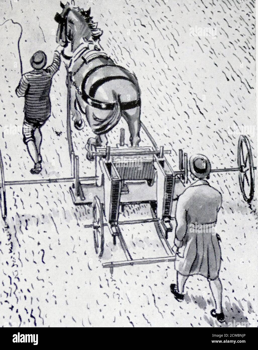 Illustration showing the seed drill developed by Jethro Tull (agriculturist) (1674-1741), Stock Photo