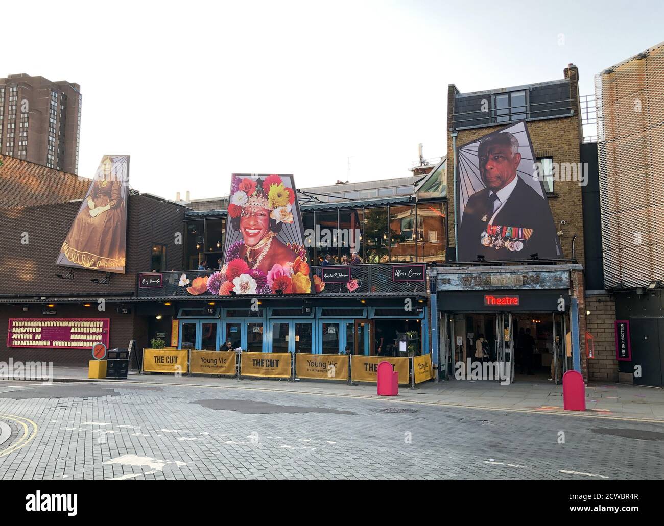 The Young Vic Theatre in The Cut, London SE1 celebrates its 50th Birthday in September 2020. An outdoor art installation 'The Unforgotten' created by Sadeysa Greenway-Bailey & Anna Fleischle features portraits of unsung trailblazers Mary Seacole, Marsha P. Johnson and Ulric Cross. Stock Photo