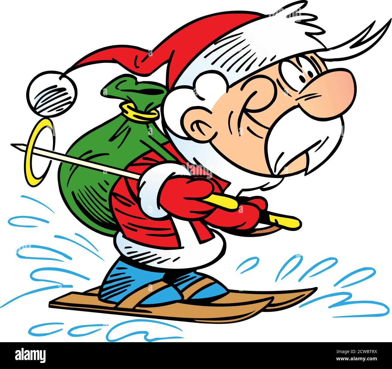 Vector illustration shows Santa Claus on skis, who hurries with a sack of New Year's gifts Stock Vector