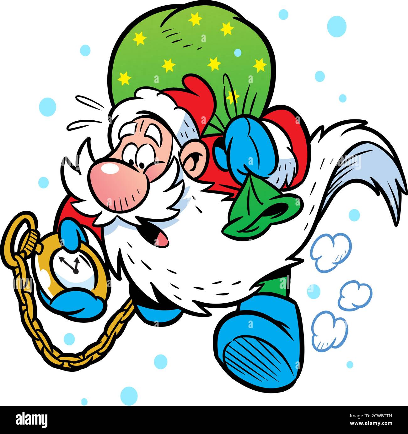 Vector illustration shows Santa Claus who rushes to the Christmas celebration and looks at his watch Stock Vector