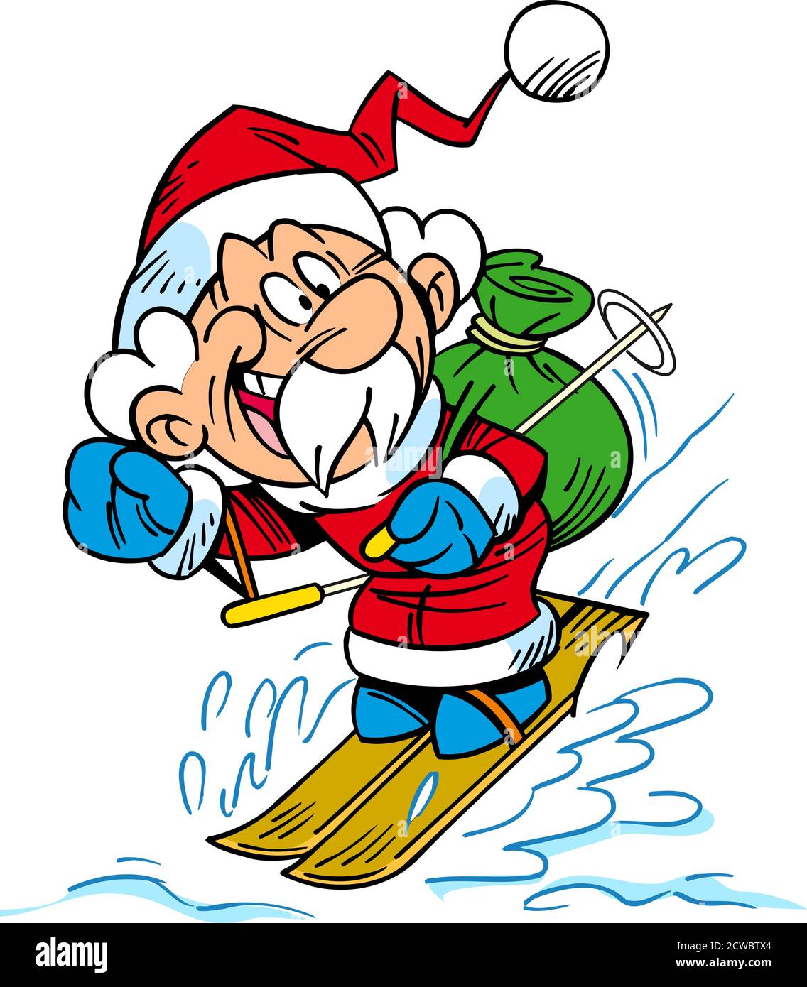 A vector illustration shows a cheerful Santa Claus skiing with a bag of Christmas presents Stock Vector
