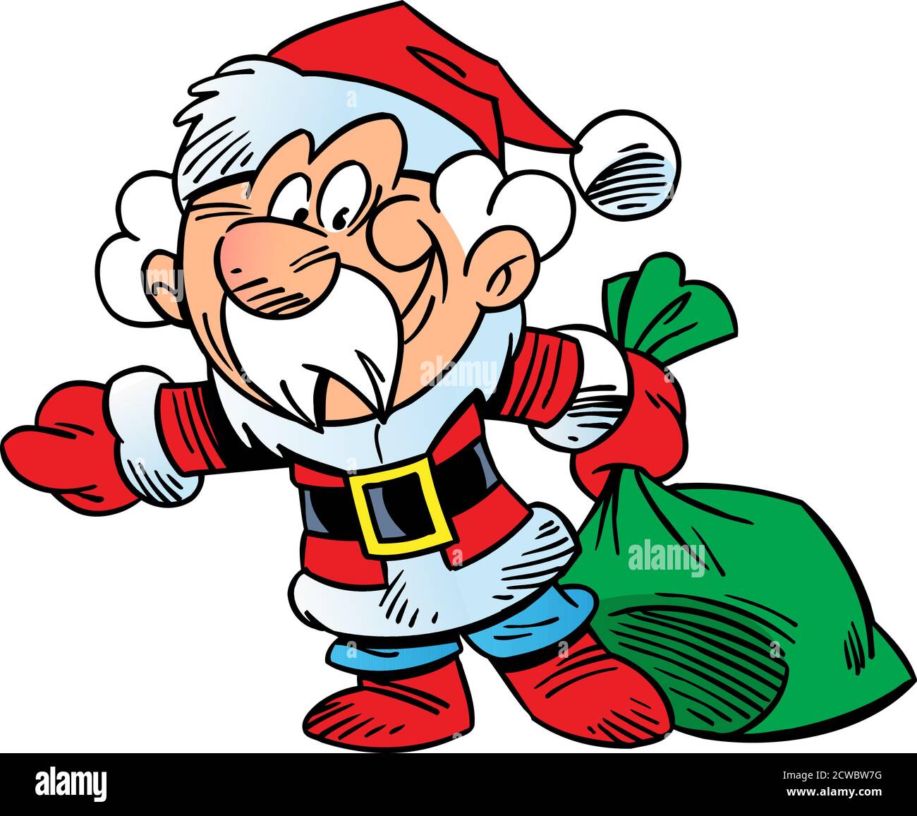 Vector illustration shows Santa Claus with a bag of New Year's gifts Stock Vector