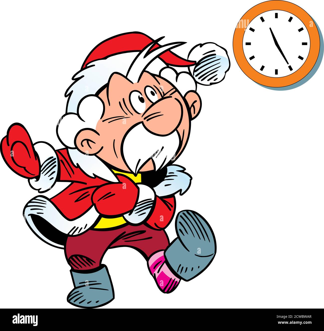 Vector illustration shows Santa Claus dressing and looking at his watch Stock Vector
