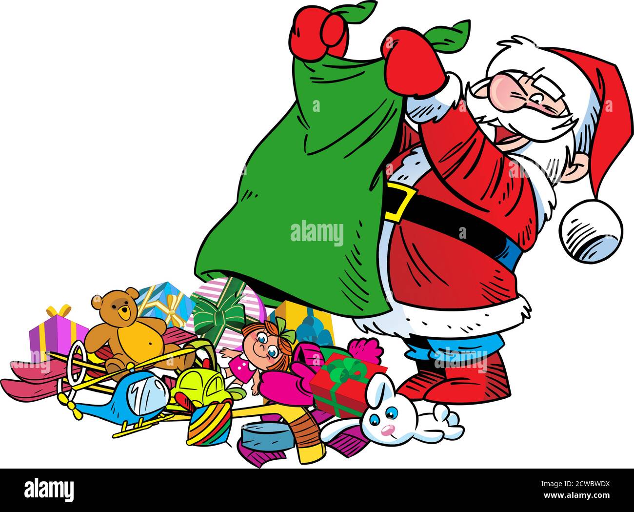 Vector illustration shows a cheerful Santa Claus, who shake out Christmas gifts from a bag. Illustration made in cartoon style isolated on white backg Stock Vector