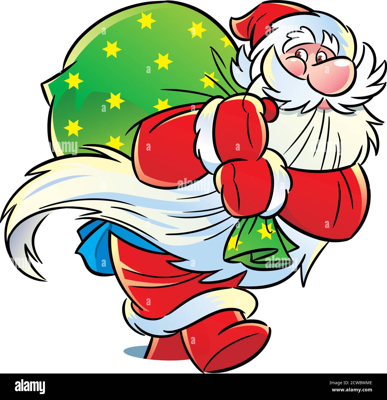 Vector illustration shows Santa Claus walking with a bag of gifts. Illustration made in cartoon style isolated on white backg Stock Vector