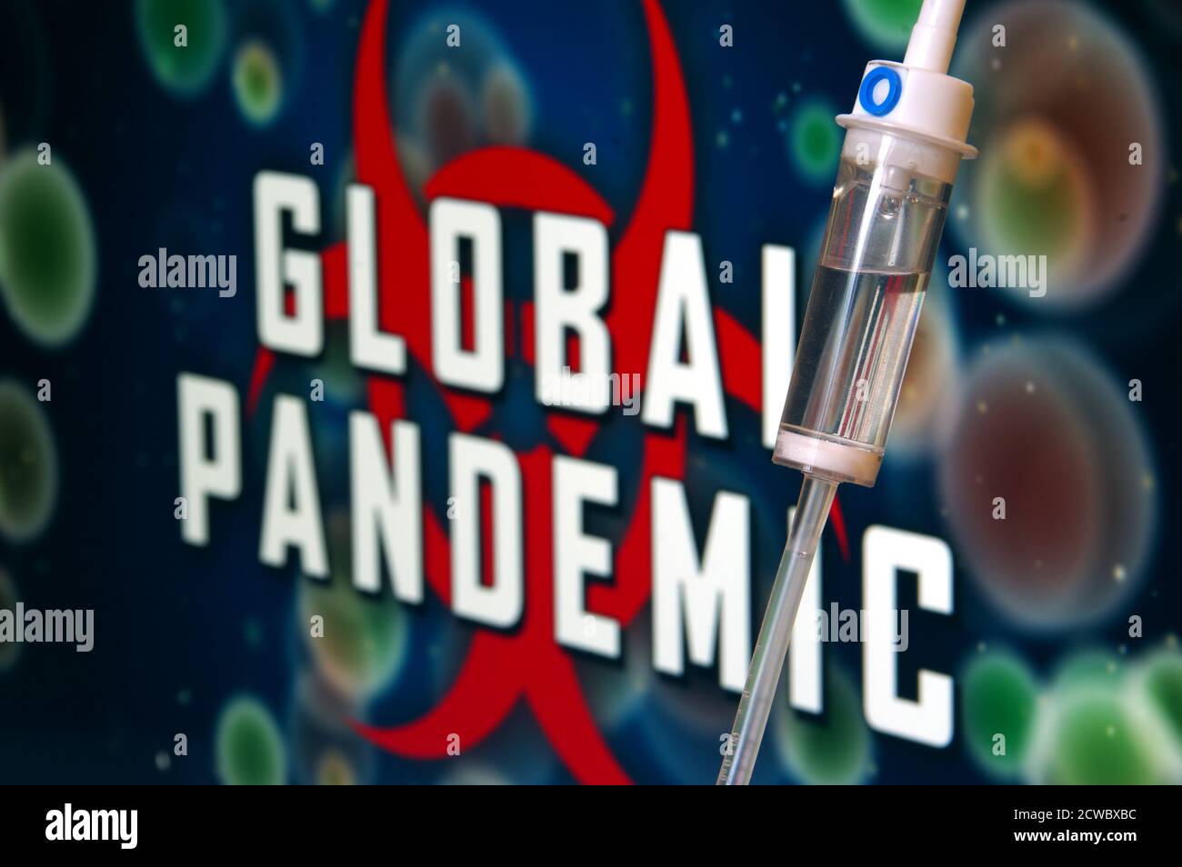 Epidemic Covid-19 crisis. A drip with pandemic symbol on a background illustration. Health, medical and coronavirus concept. Stock Photo