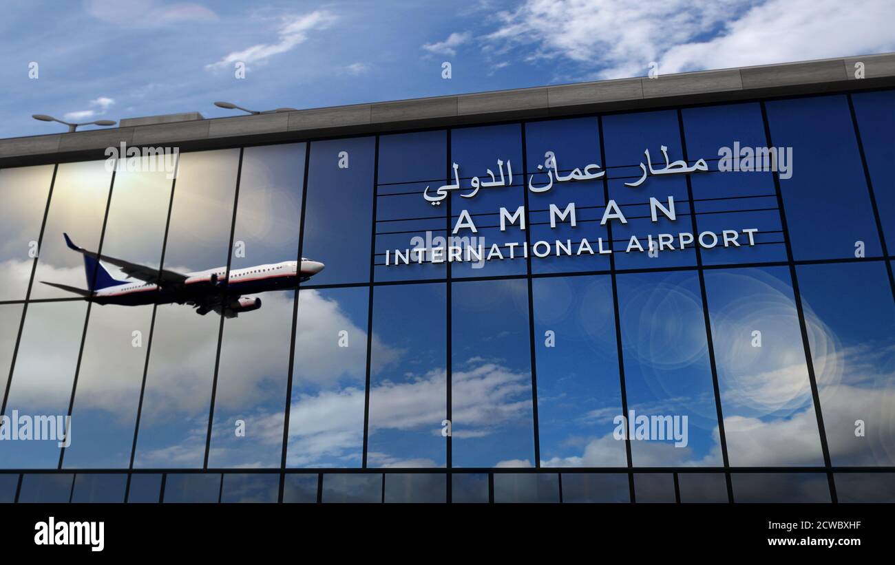 Jet aircraft landing at Amman, Jordan 3D rendering illustration. Arrival in  the city with the glass airport terminal and reflection of the plane. Trav  Stock Photo - Alamy