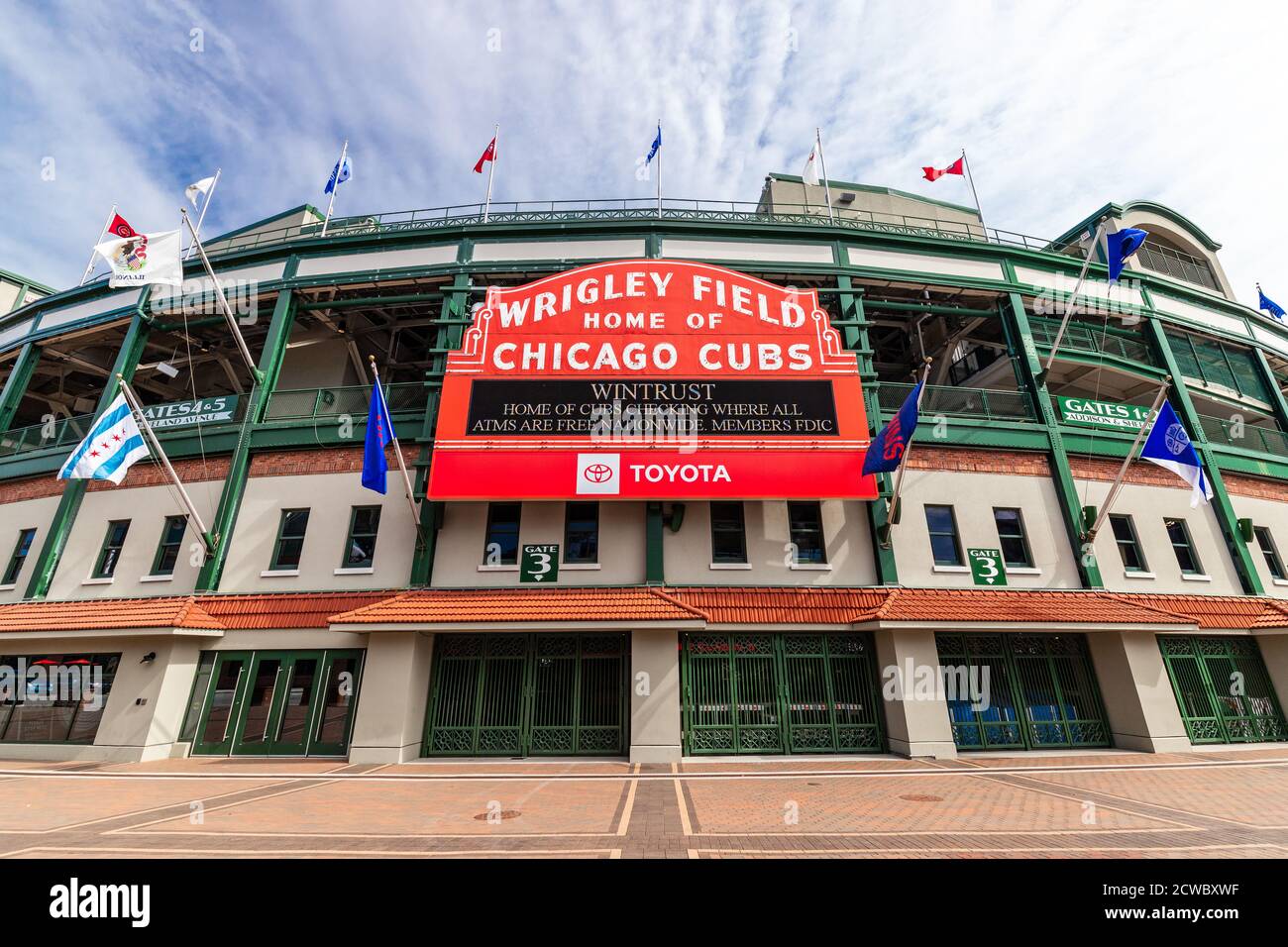 The exterior Major League Baseball's Chicago Cubs' Wrigley Field stadium in the Wrigleyville neighborhood of Chicago. Stock Photo