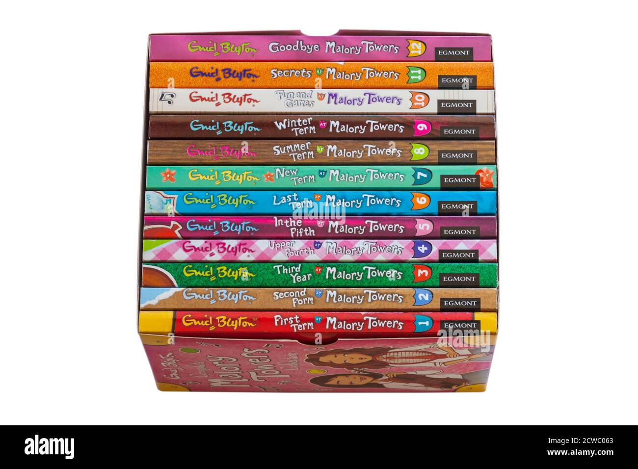 Complete Malory Towers Collection books by Enid Blyton isolated on white background - pile stack piled stacked Stock Photo
