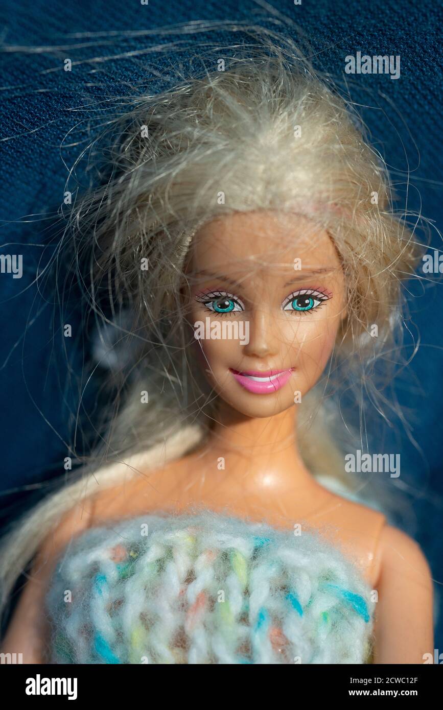 Close-up of a Barbie Doll Face with Blonde Hair Stock Photo