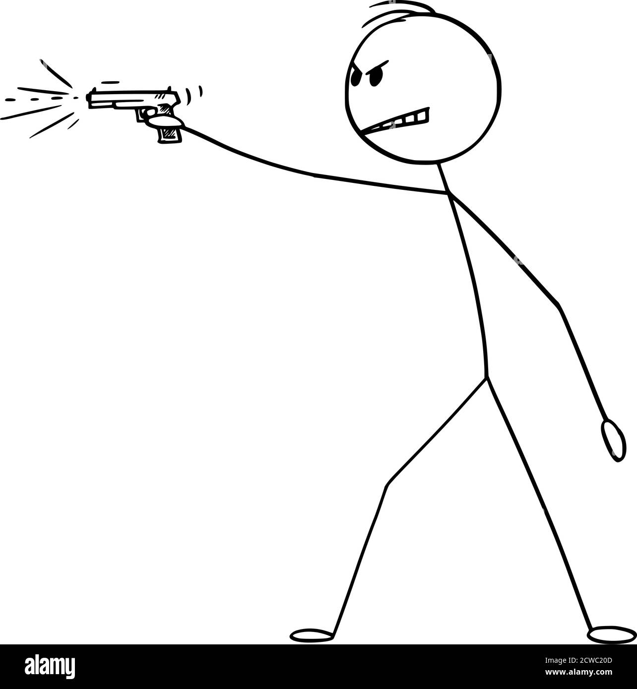 Vector cartoon stick figure drawing conceptual illustration of dangerous angry man shooting a weapon, gun handgun or pistol. Stock Vector