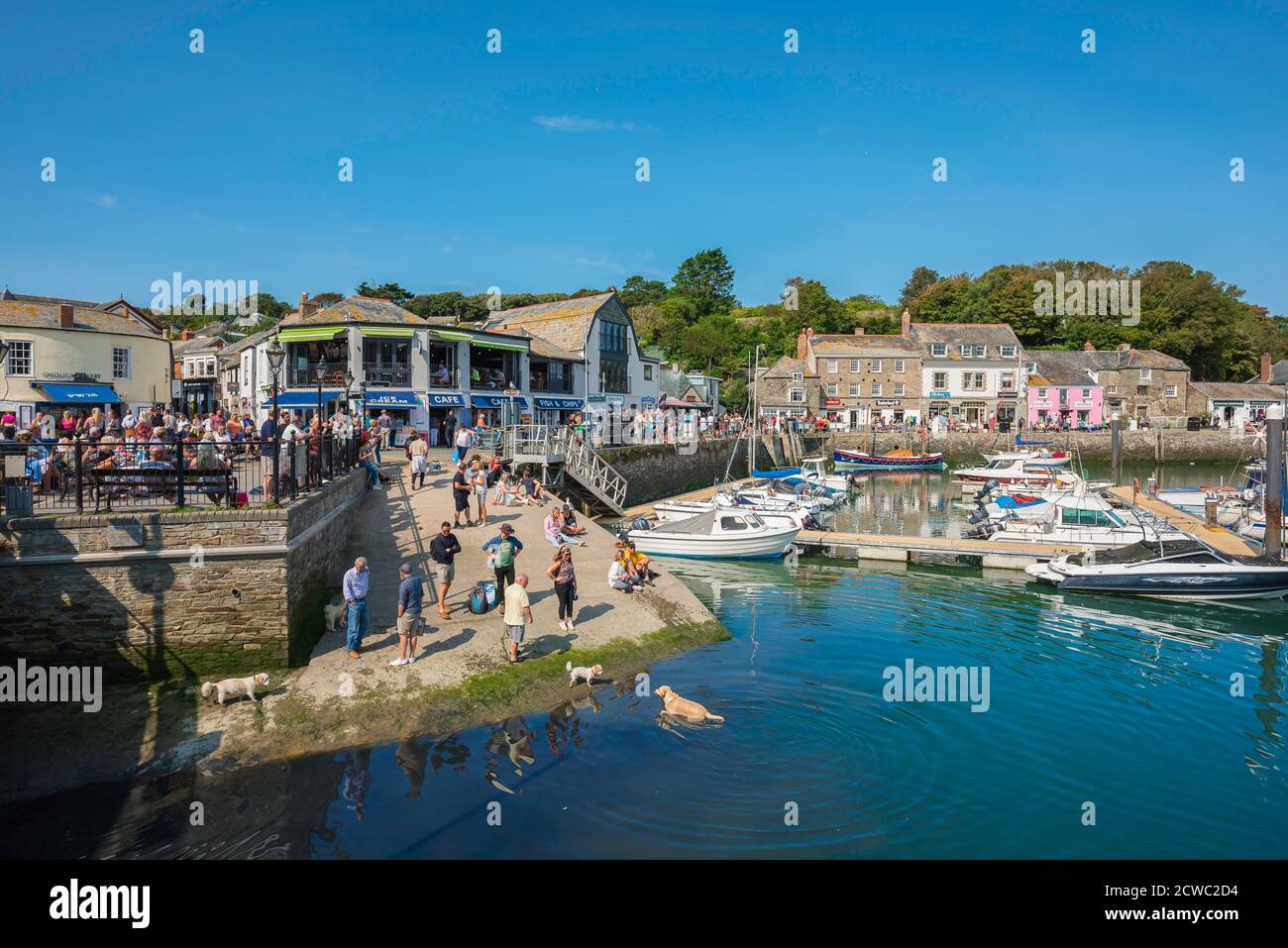 Padstow Cornwall UK, view in summer of people relaxing on The Strand