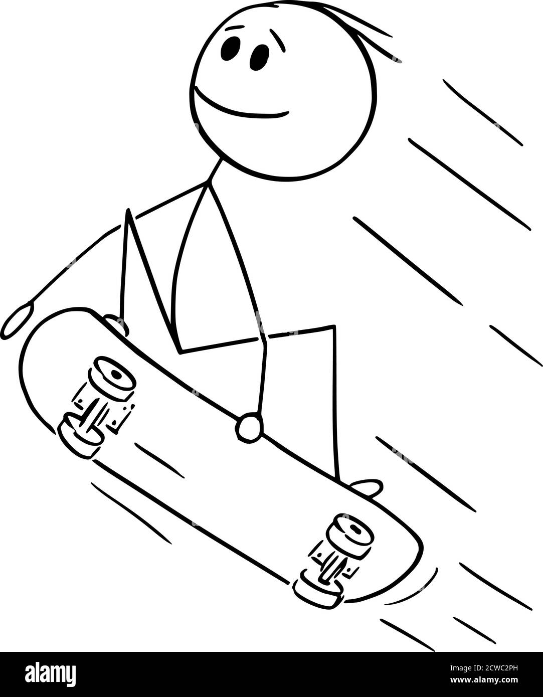 Vector cartoon stick figure drawing conceptual illustration of man, boy, skater or skateboarder jumping or doing trick or skateboarding on skateboard. Stock Vector