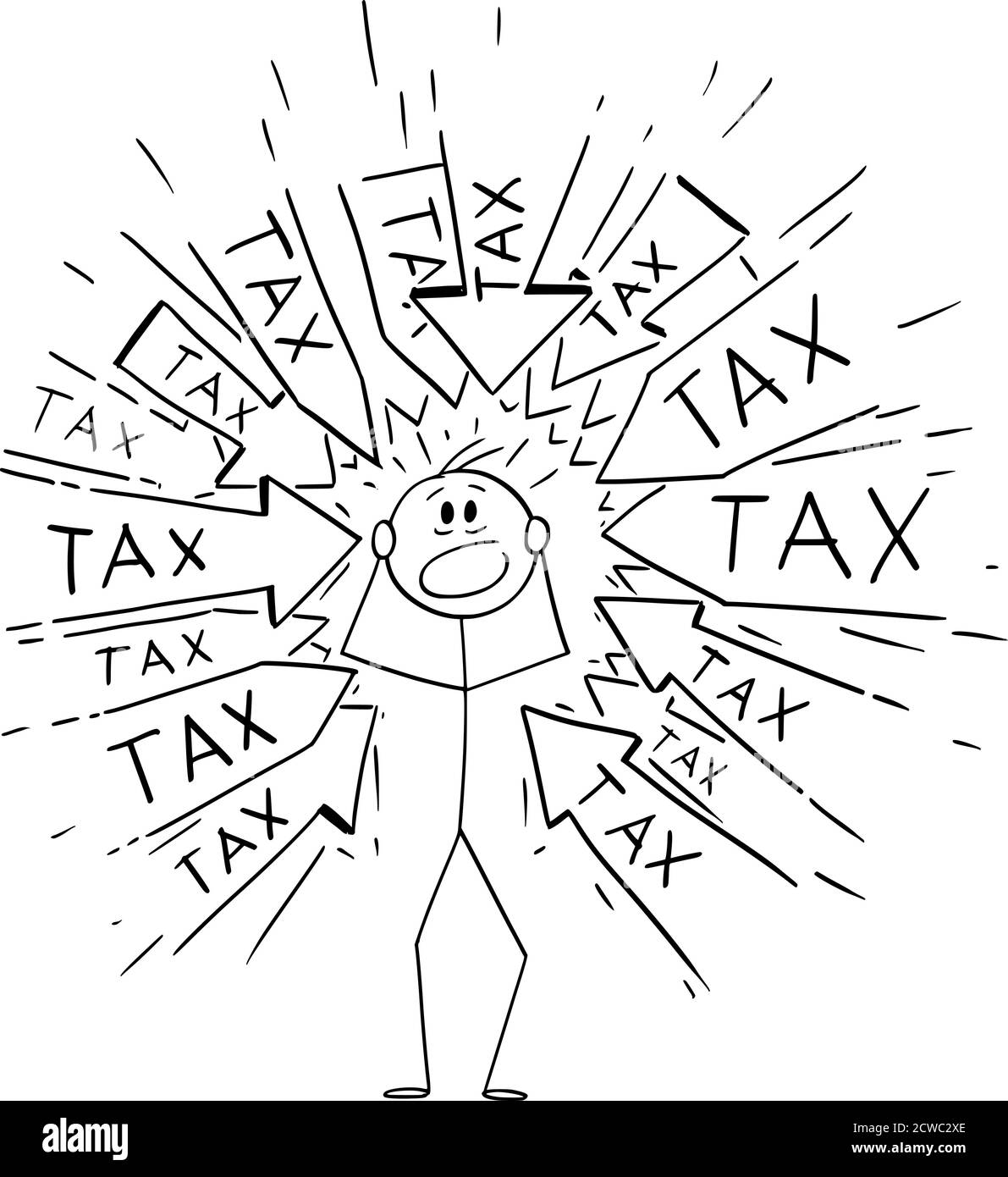 Vector cartoon stick figure drawing conceptual illustration of stressed man or businessman with many arrows pointing at him requesting to pay tax or taxes. Financial concept. Stock Vector
