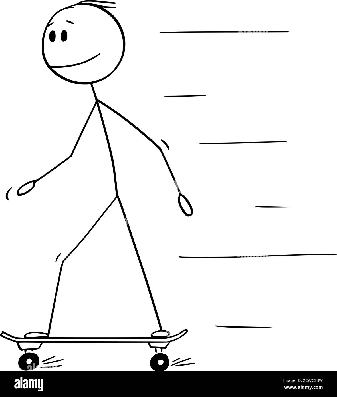 Vector cartoon stick figure drawing conceptual illustration of man, boy, skater or skateboarder riding or skateboarding on skateboard. Stock Vector