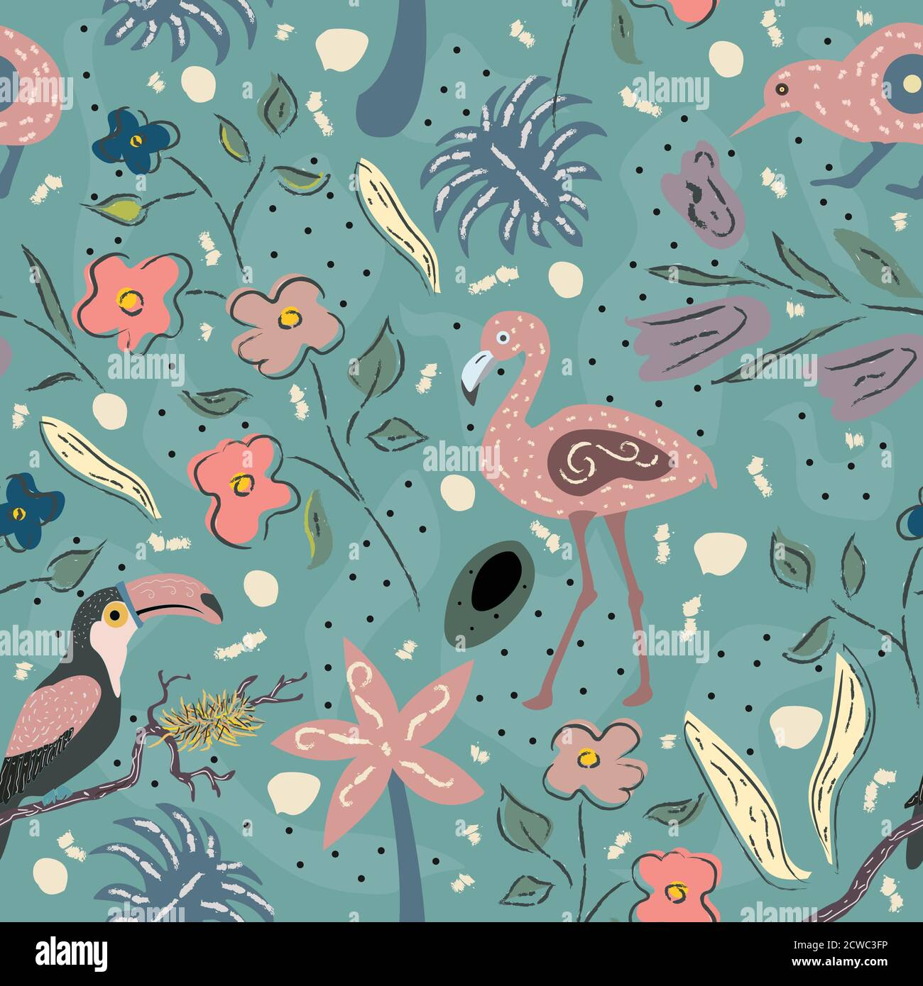 Flamingo, Toucan and kiwi bird. Exotic Bird Seamless Pattern. Vector ...