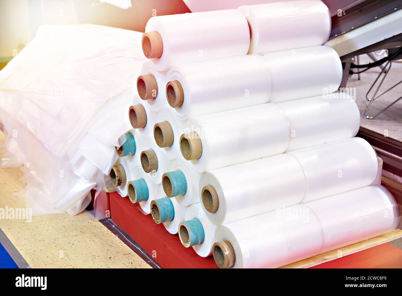 Polyethylene film rolls in factory Stock Photo