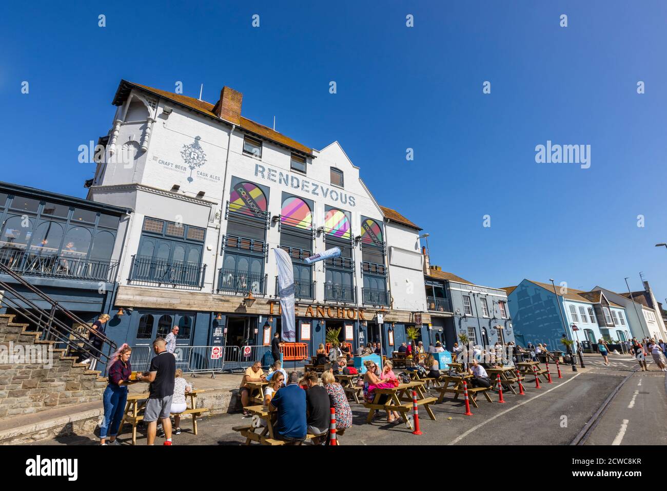 Outdoor dining at the Anchor Rendezvous pub in Weymouth, a seaside town ...