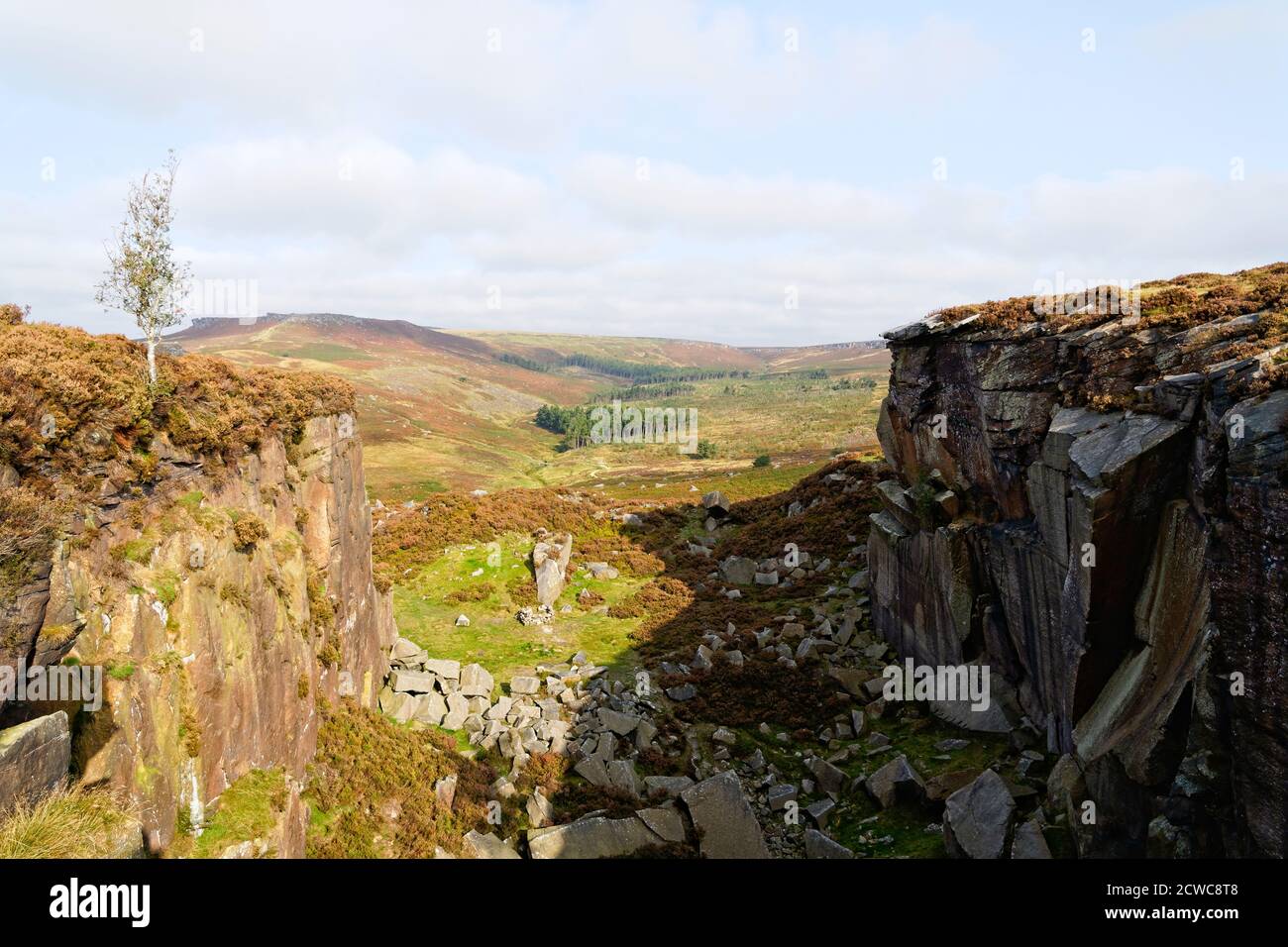 Across Hathersage Moor from the edge of a former millstone quarry on ...