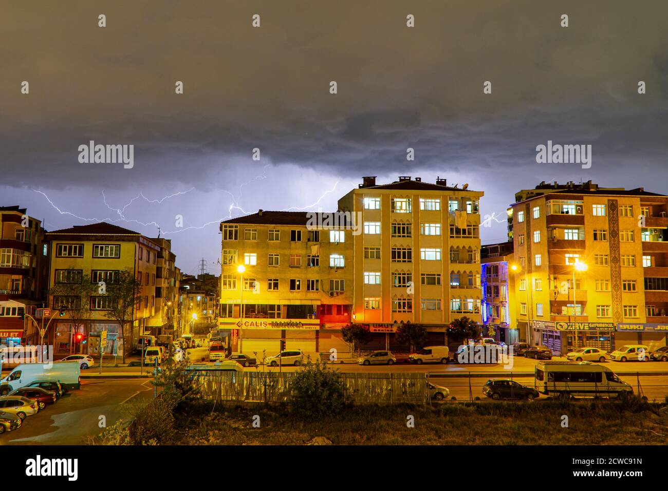 Thunderstorm and Lightning Bolts ove the City Stock Photo