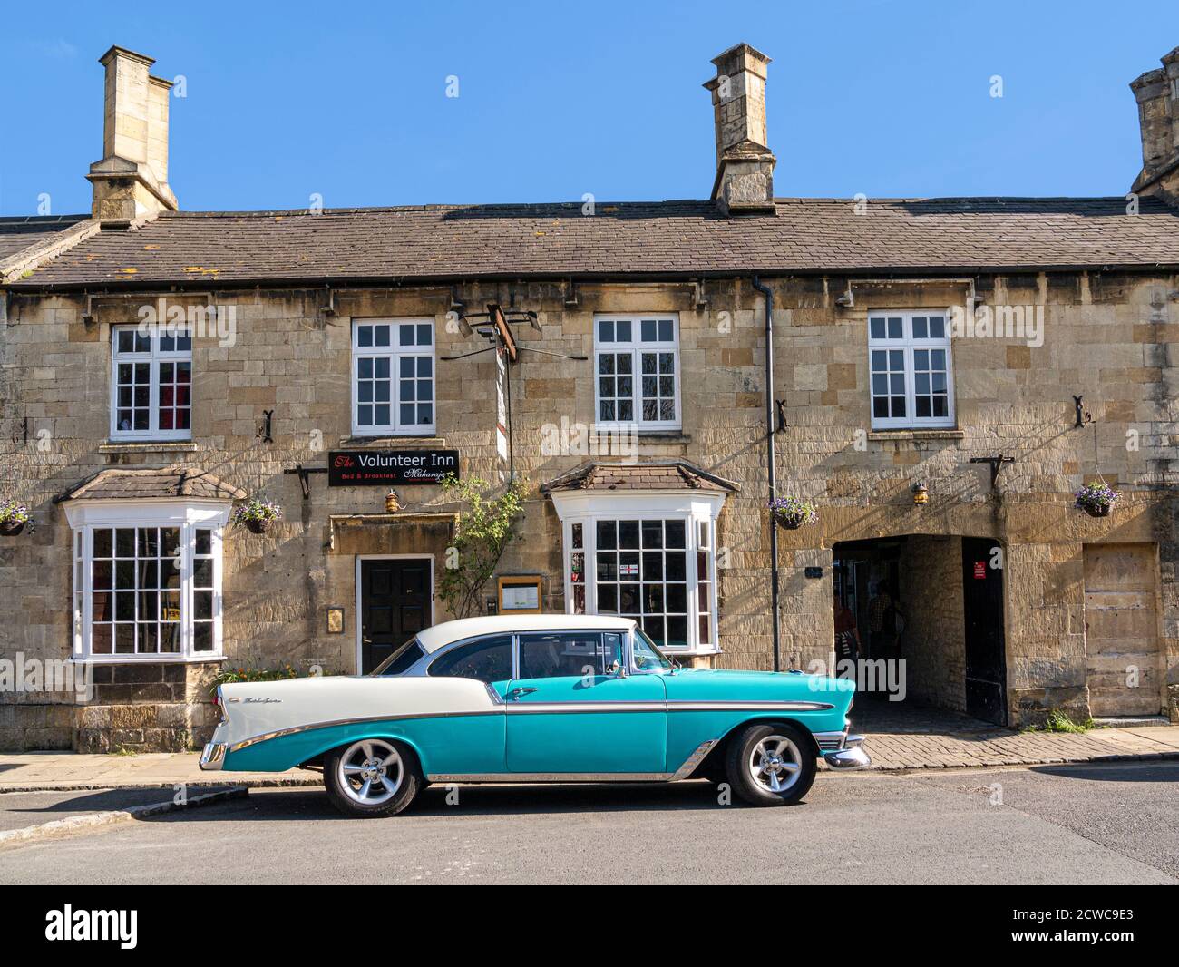 1950's/60's Chevrolet Bel Air Hardtop American Two Door classic car outside a Cotswolds B&B public house Chipping Campden UK Stock Photo