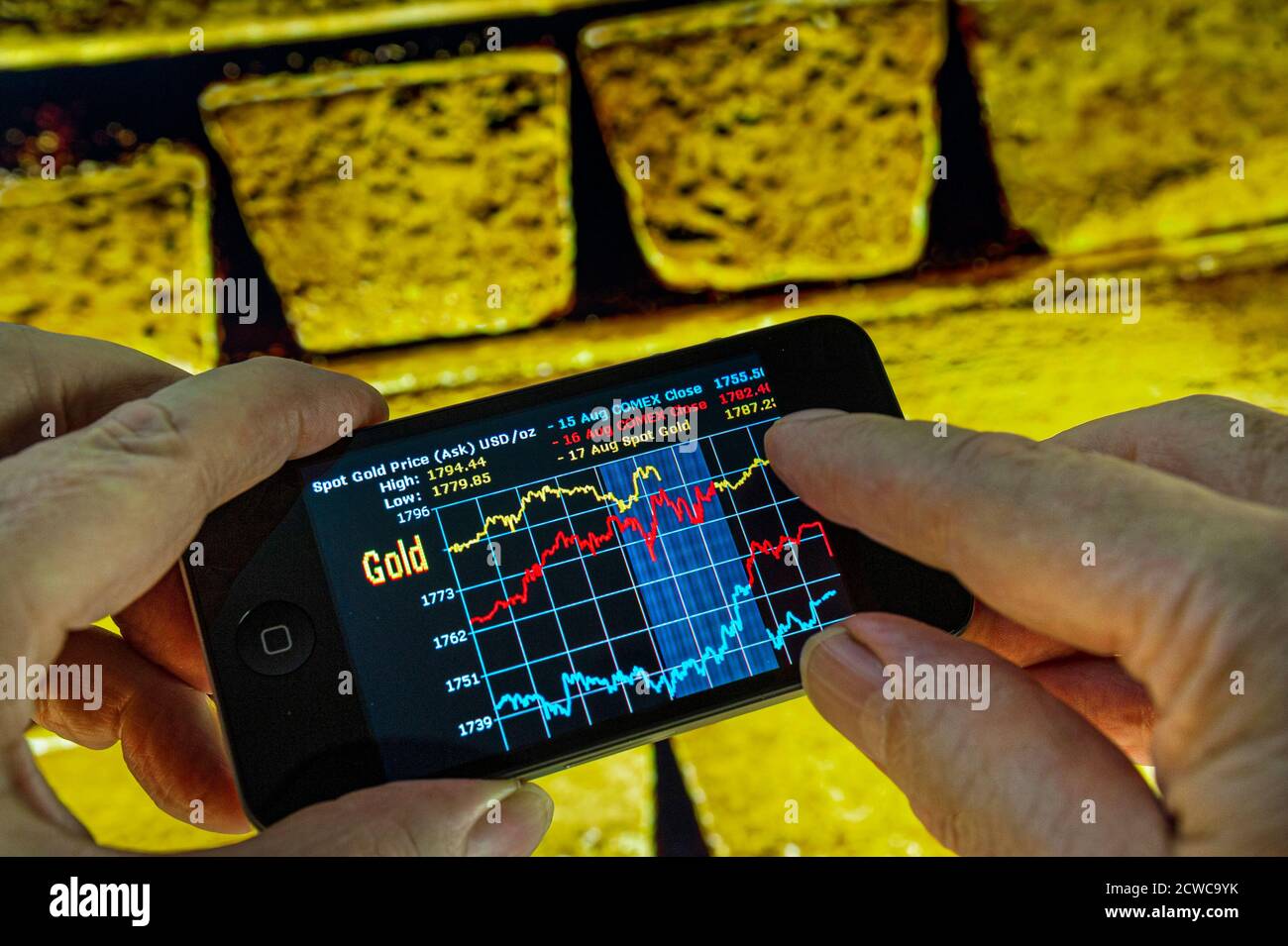 GOLD PRICES Apple iPhone smartphone displaying live on-screen gold bid prices, with pure raw gold bullion bars in background Stock Photo