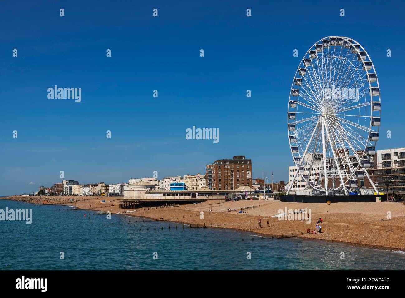 England, West Sussex, Worthing, Worthing Beach and Town Skyline Stock Photo