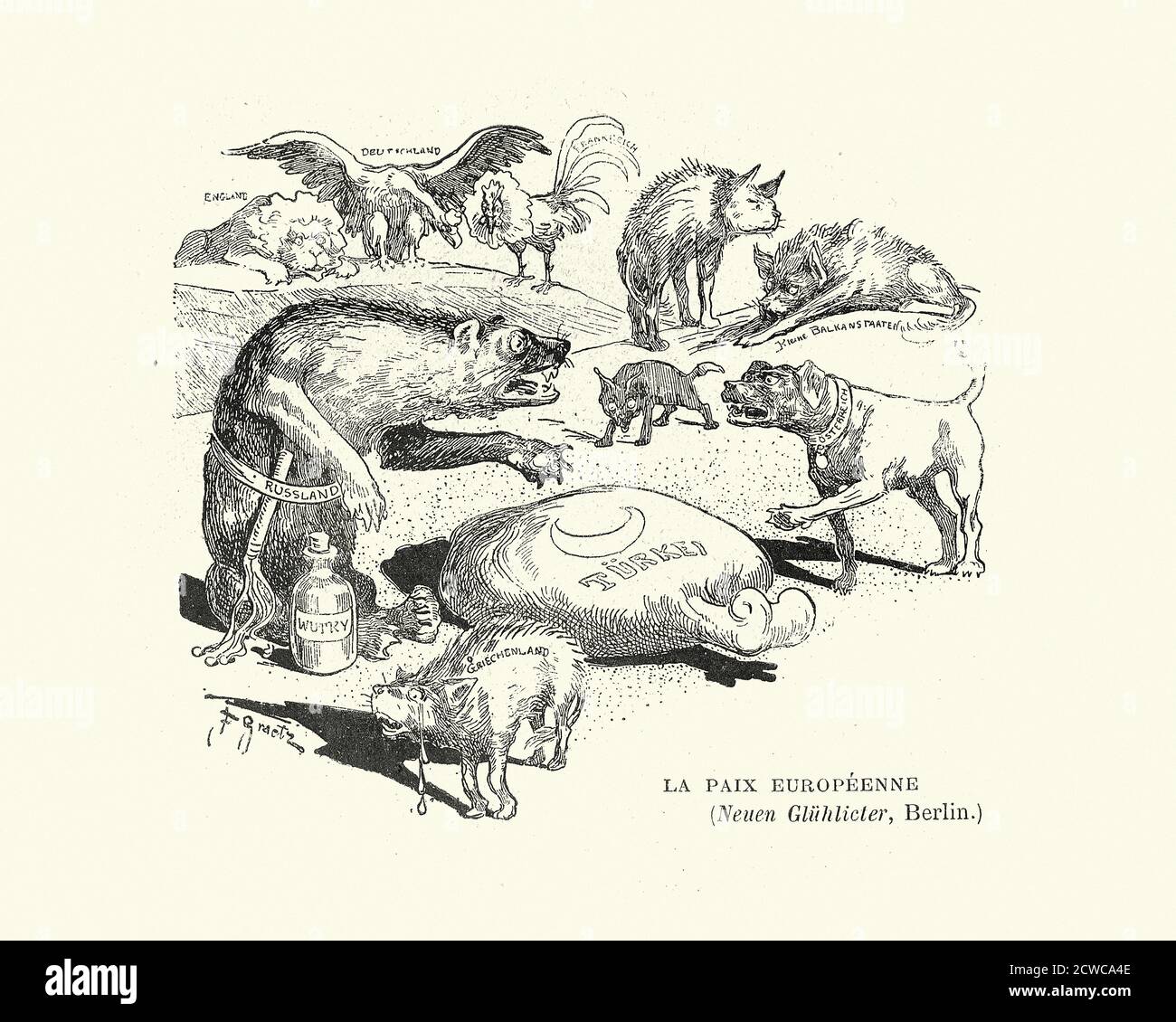 Vintage illustration Victorian political cartoon, European animals fighting  over Ottoman Turkey, 19th Century Stock Photo - Alamy