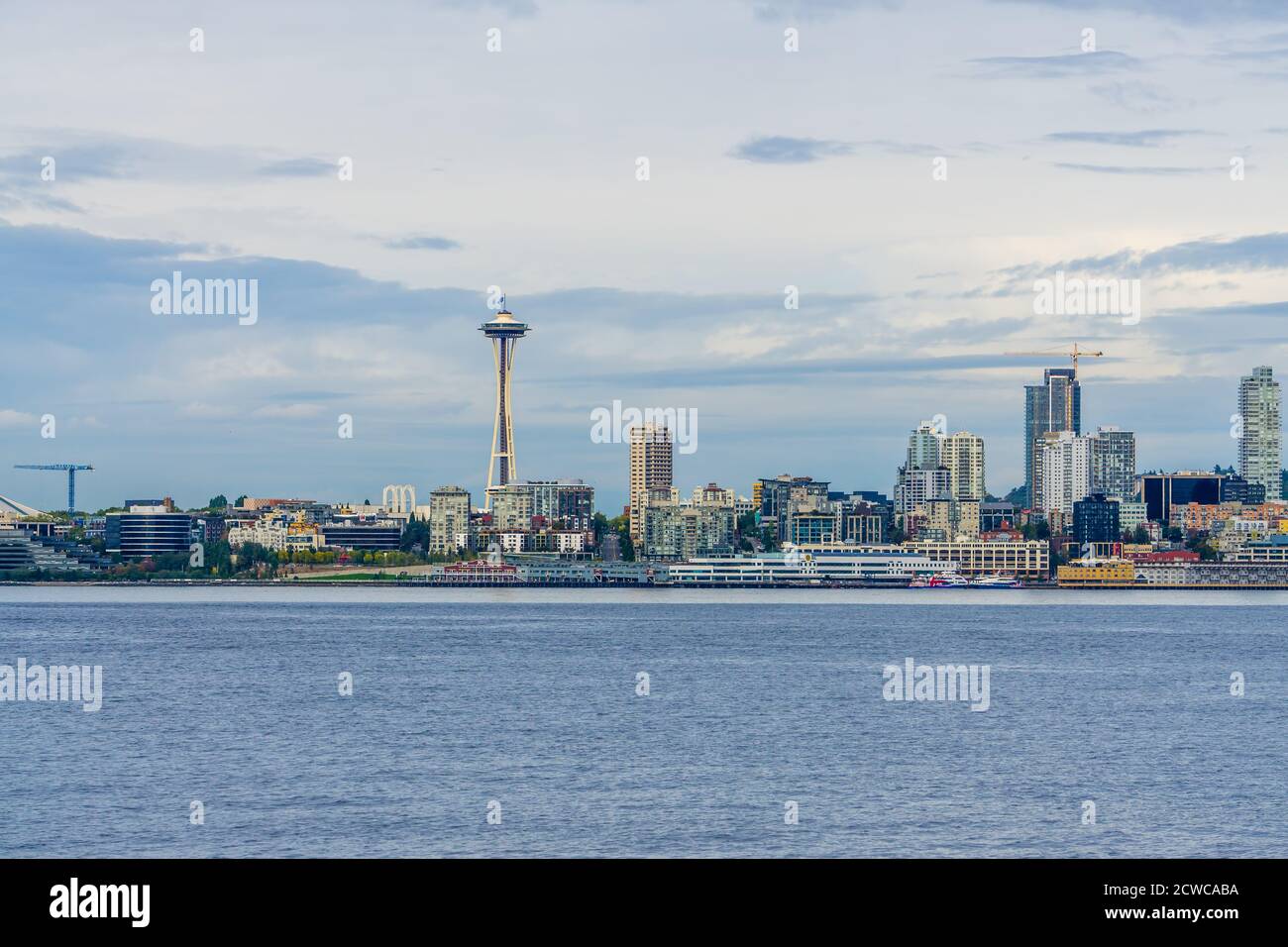 Clouds hover of the the Seattle skyline in Washington State. Stock Photo