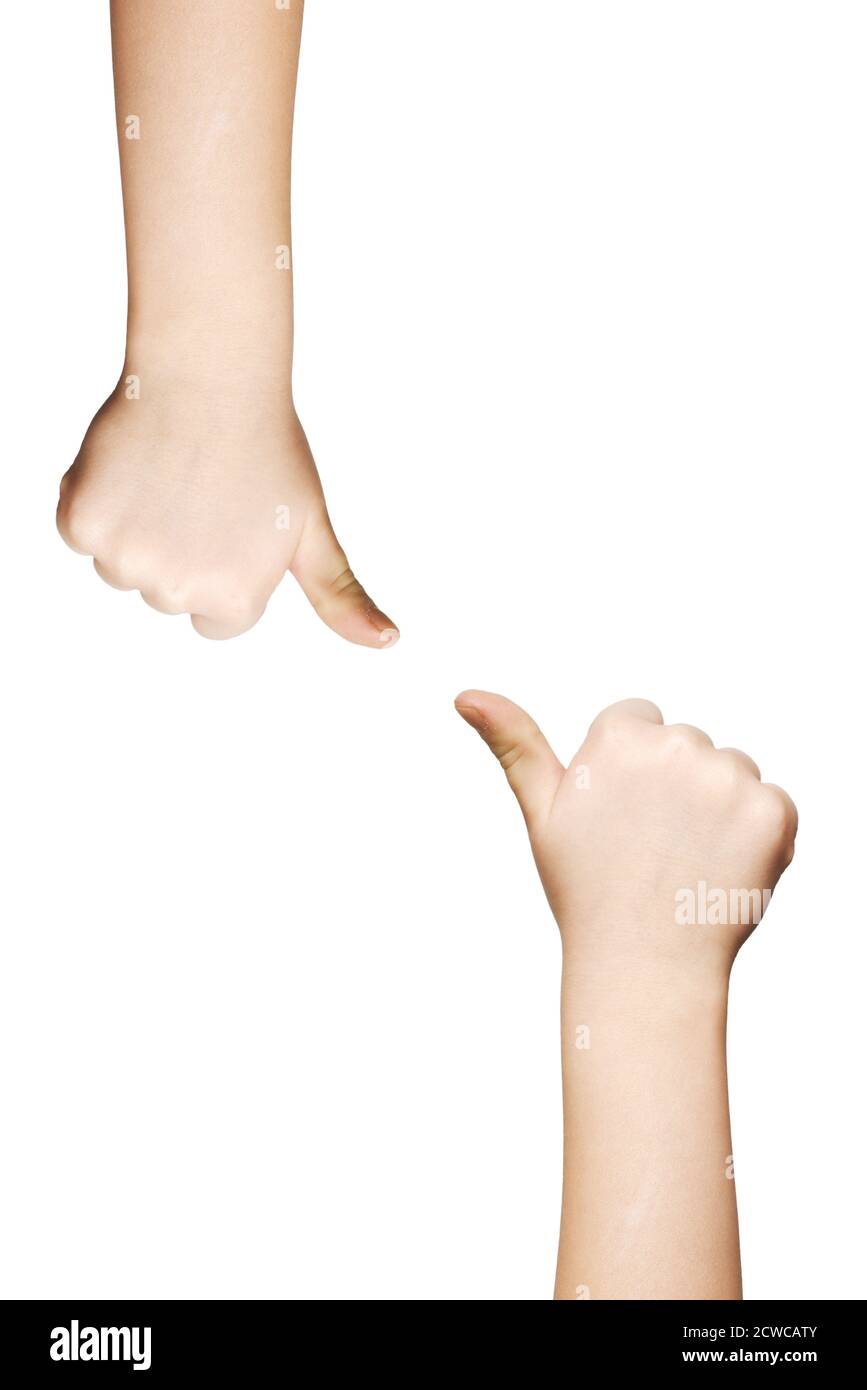 Hands of a child, thumbs up on a white background, isolated. Approved sign, decision making concept Stock Photo