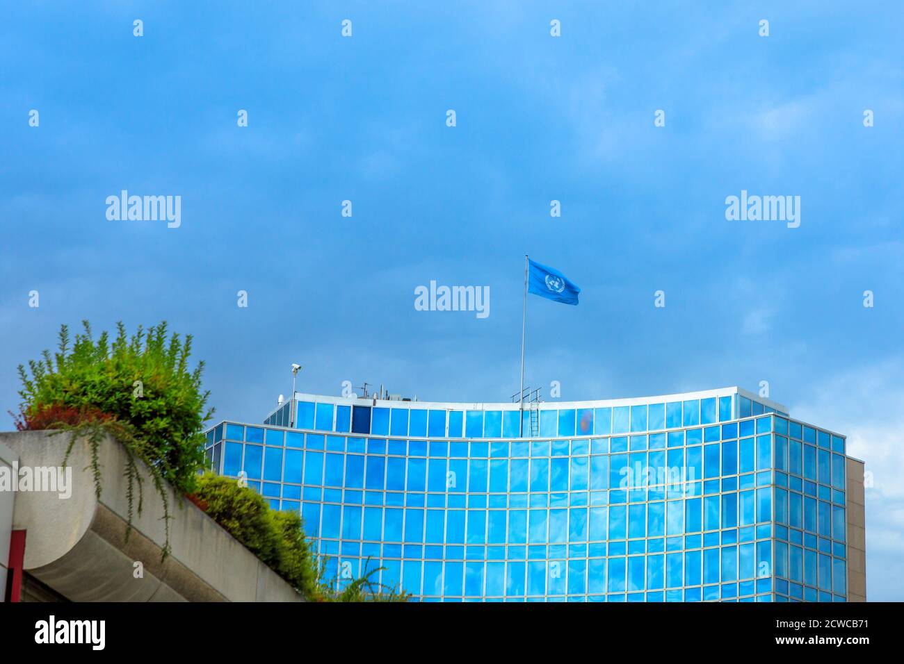 Geneva, Switzerland - Aug 16, 2020: blue skyscraper of WIPO, the World Intellectual Property Organization of the United Nations, located in Geneva Stock Photo