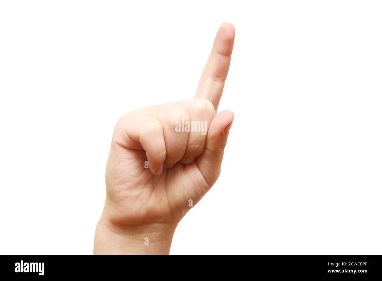 The child points with his finger. Finger points close up on white background. Stock Photo