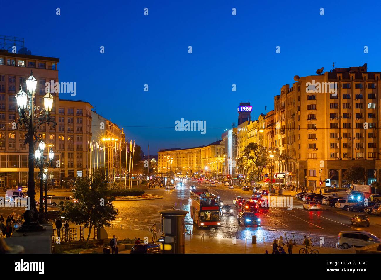 Twilight view of Khreschatyk street and European square. Khreschatyk is the central street of Kyiv - the capital of Ukraine. Stock Photo