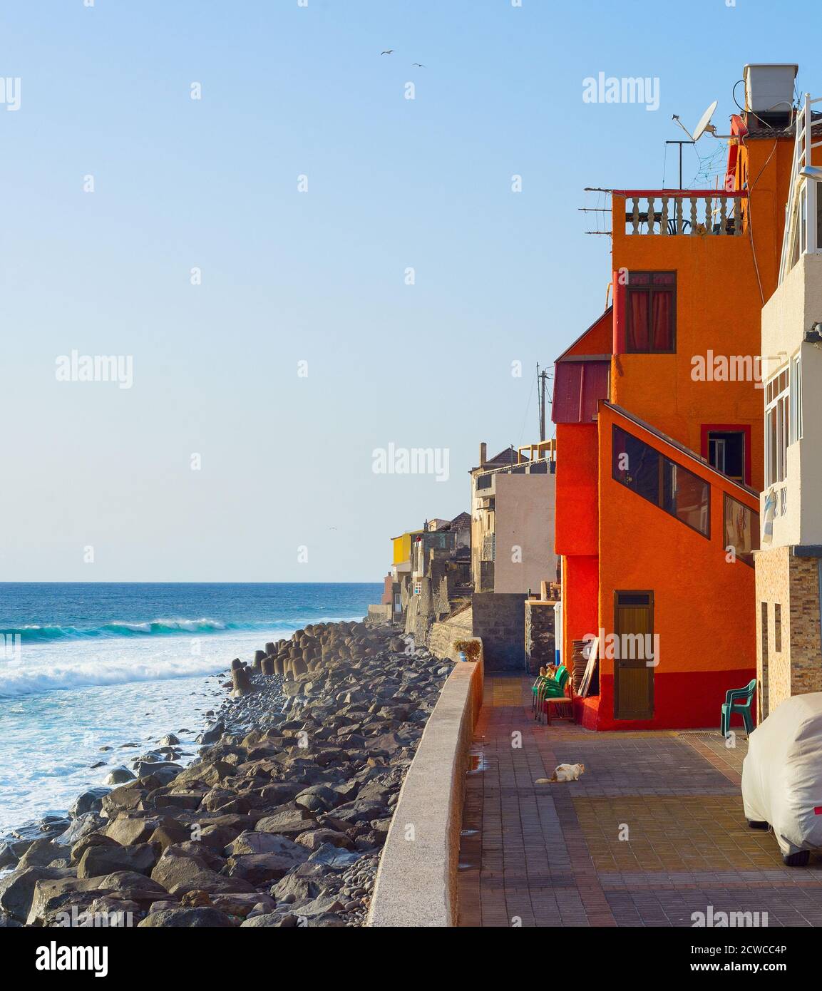 Ocean front village street architecture. Jardim do Mar. Madeira island