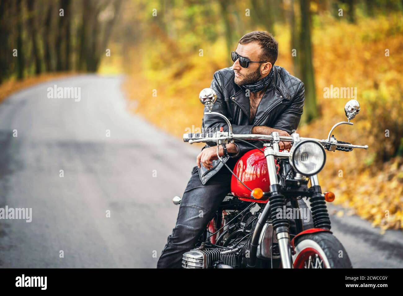 Bearded brutal man in sunglasses and leather jacket sitting on a motorcycle  on the road in the forest with blured colorful background Stock Photo -  Alamy