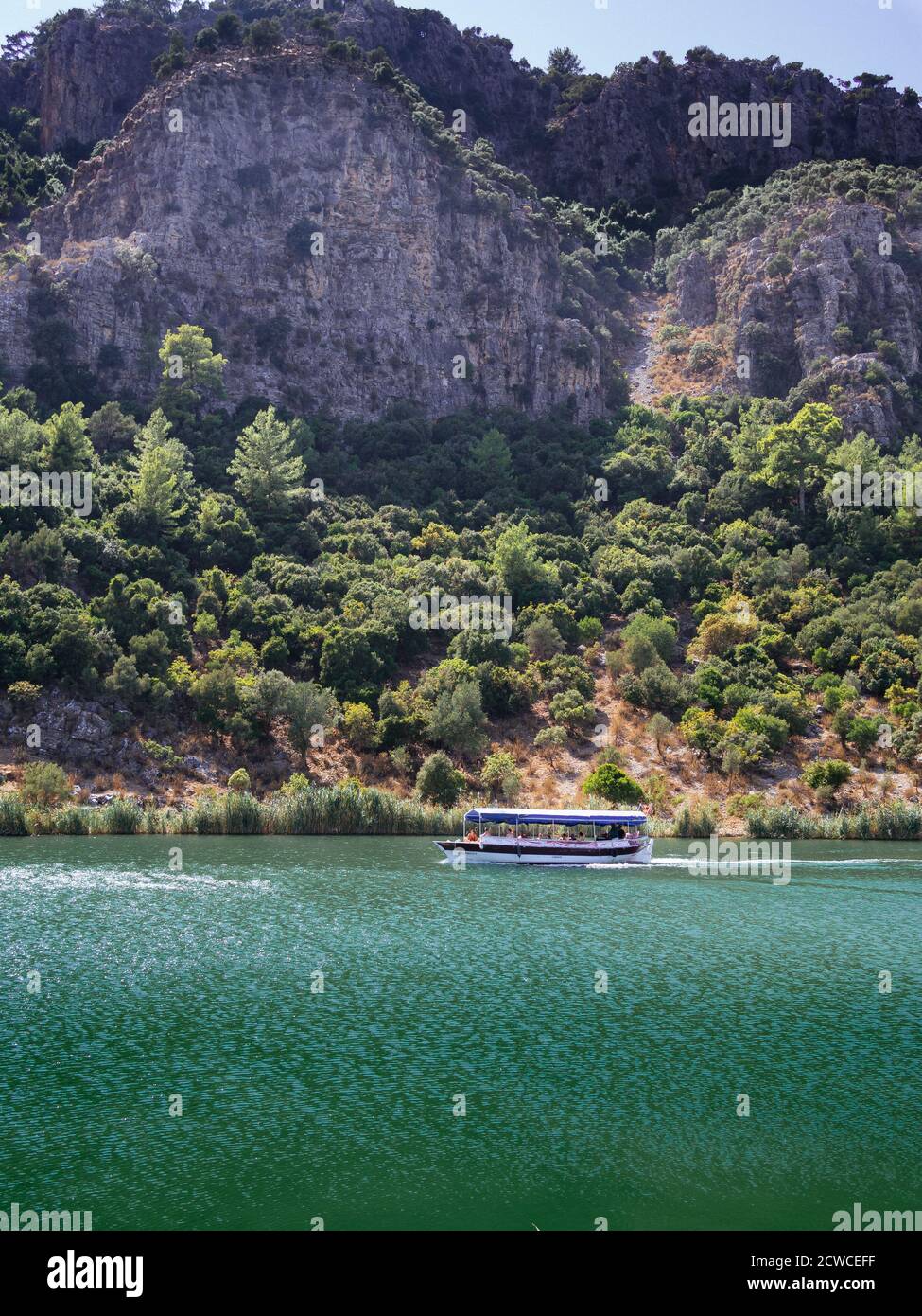 Tourist boat on the green coloured Dalyan River between Köyceğiz Lake and Iztuzu Beach, Dalyan, Muğla Province, Turkey Stock Photo
