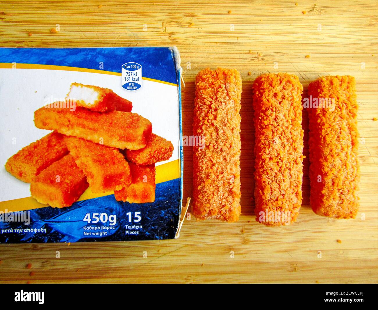 Packet of opened Greek Fish Fingers showing contents Stock Photo