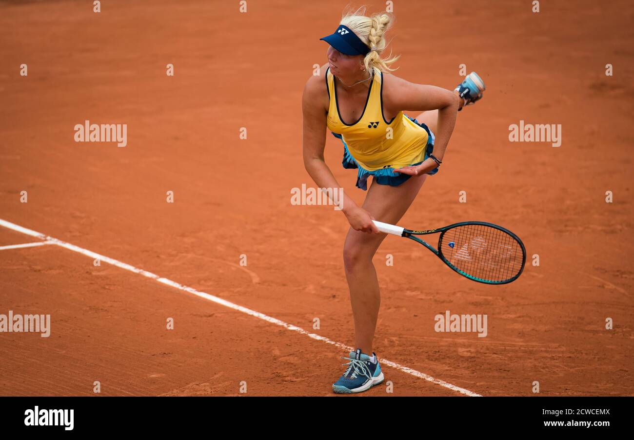 Paris, France. 29th Sep 2020. Clara Tauson of Denmark in action against  Jennifer Brady of the United States during the first round at the Roland  Garros 2020, Grand Slam tennis tournament, on