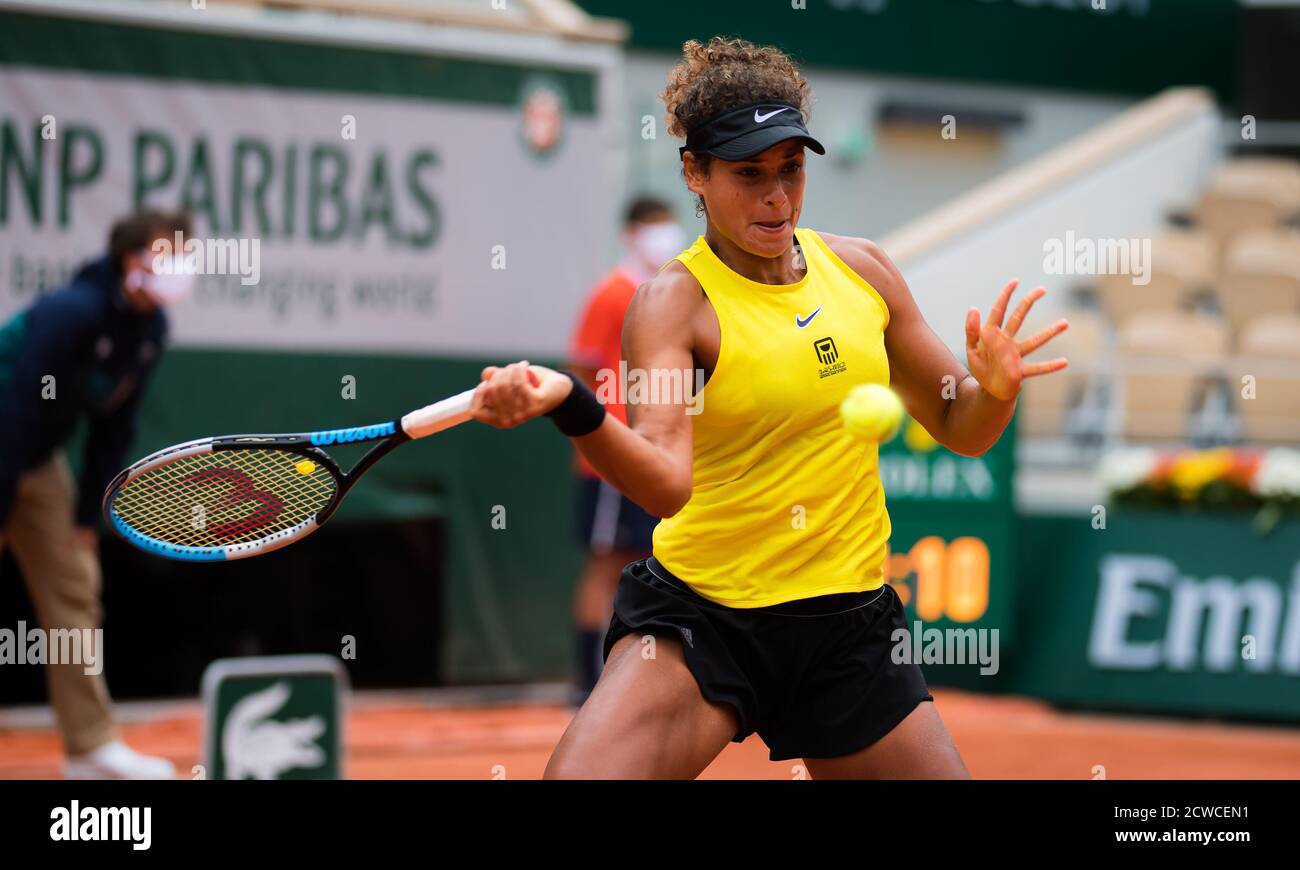 Paris, France. 29th Sep 2020. Mayar Sherif of Egypt in action against  Karolina Pliskova of the Czech Republic during the first round at the  Roland Garros 2020, Grand Slam tennis tournament, on