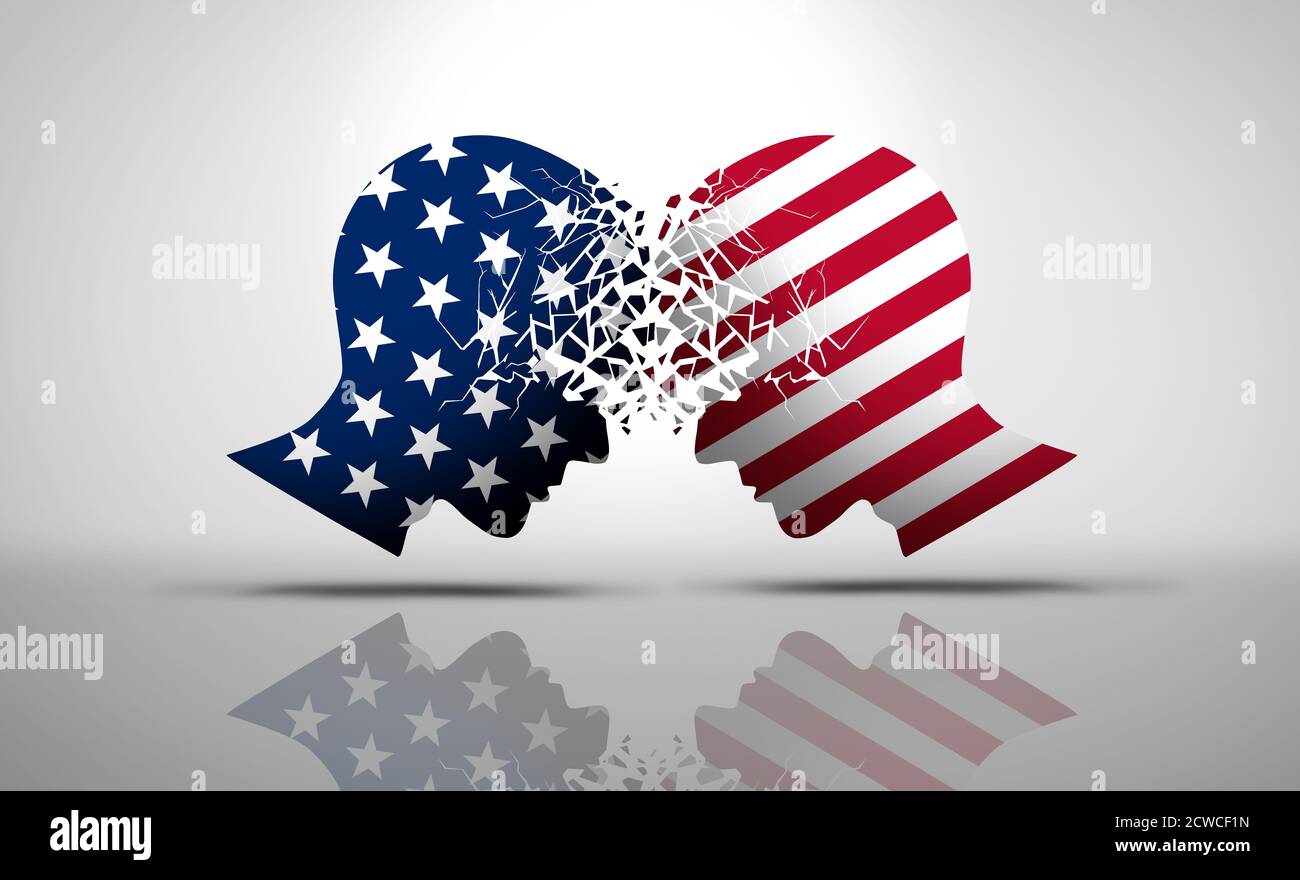 United States debate and US social issues argument or political war as an American culture conflict with two opposing sides as conservative. Stock Photo