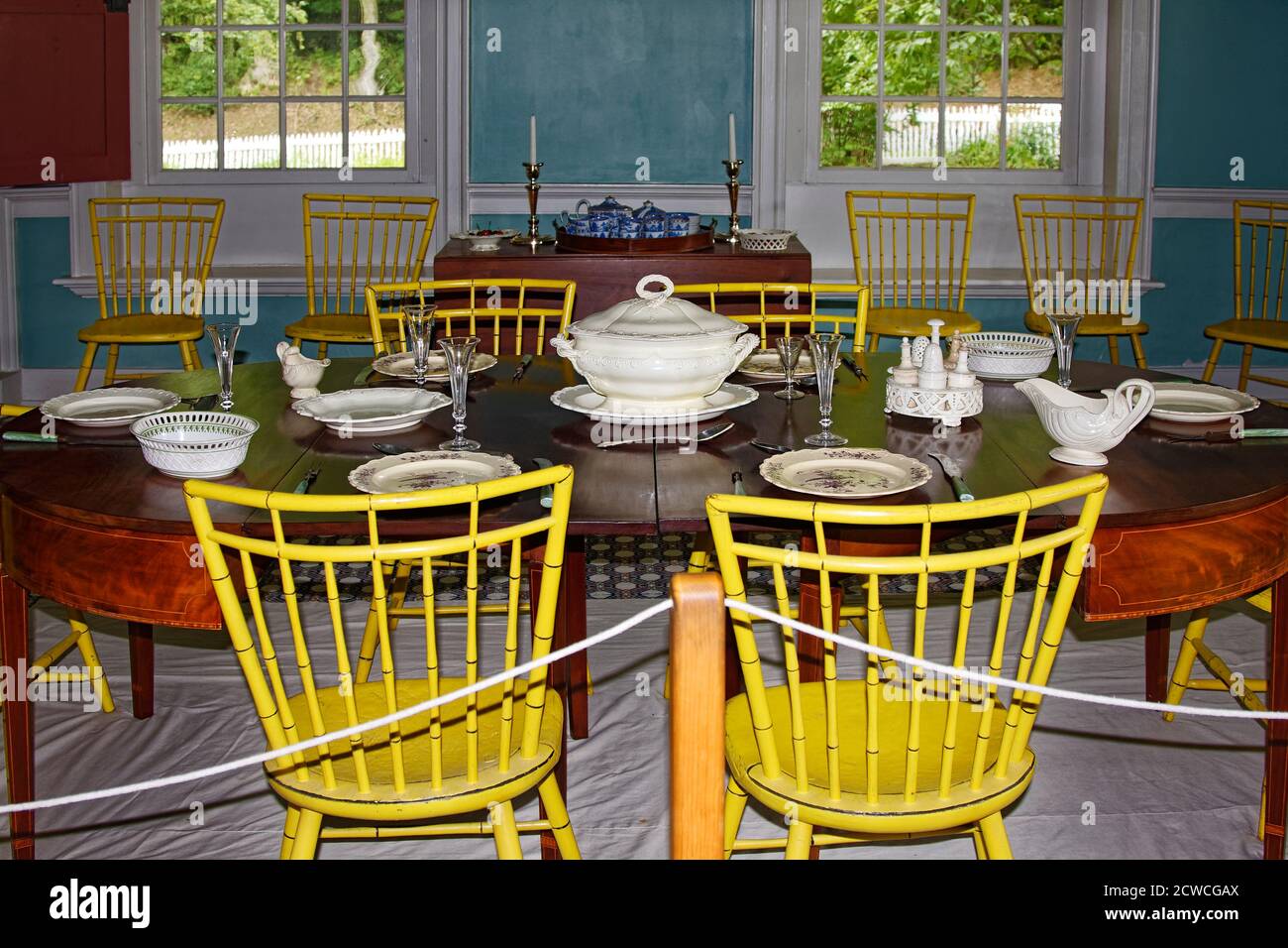 Rock Ford Plantation, dining room, yellow bamboo chairs, oval wood