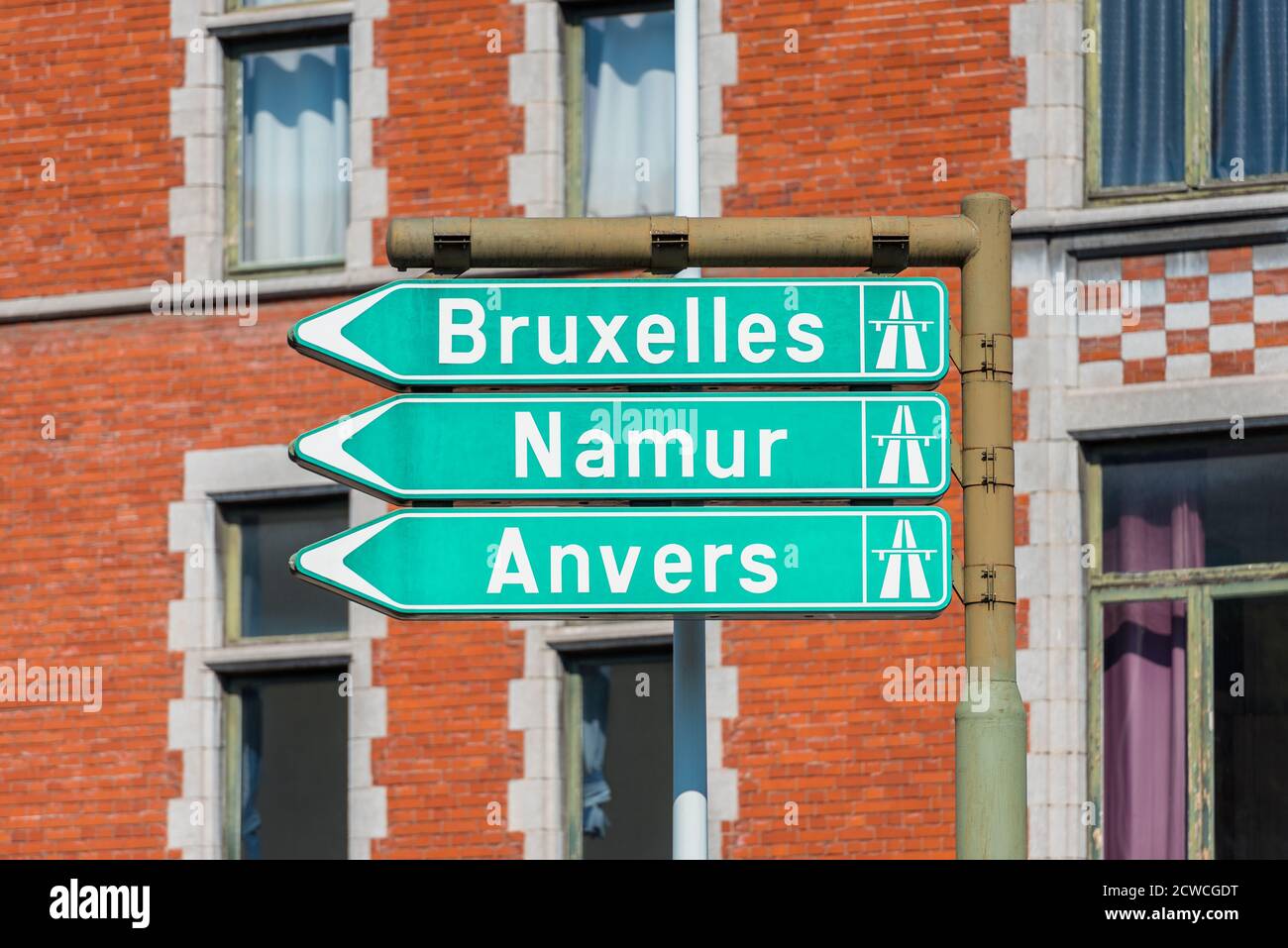 Directional Signs to Brussels, Namur and Antwerp in Liège Belgium Stock Photo