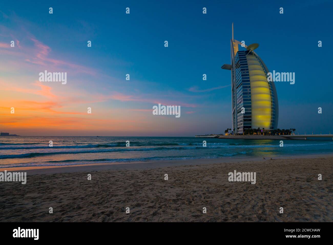 View of Burj Al Arab Jumeirah, a luxury hotel situated on its own island from Jumeirah Beach, Dubai, United Arab Emirates Stock Photo