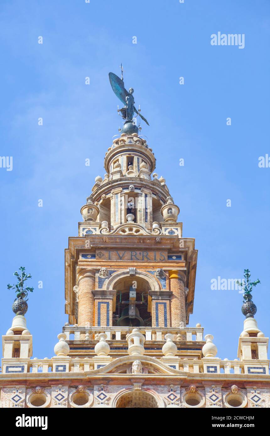 Top section of The Giralda tower. It was added by christians during 16th Century. Seville, Spain Stock Photo